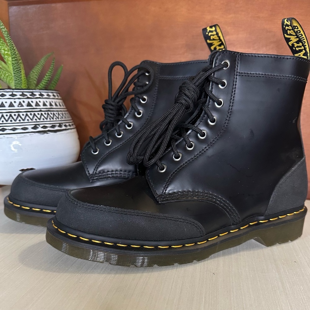 Dr. Martens Black Leather Work Boots with Yellow Stitching NEW NEW NEVER WORN